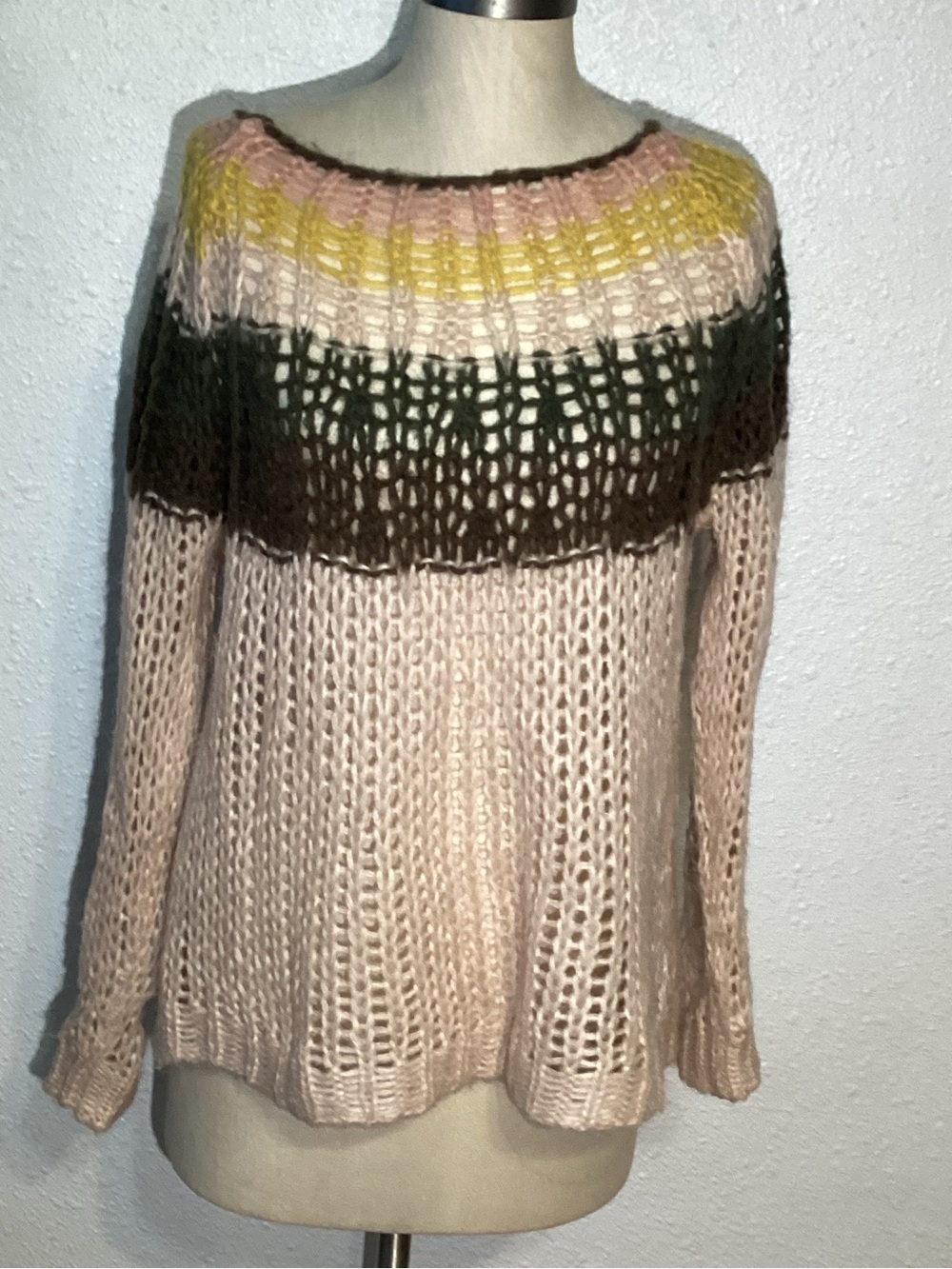 Twins mohair Open-Knit Pink & Olive Colorblock Sweater made in Italy size medium